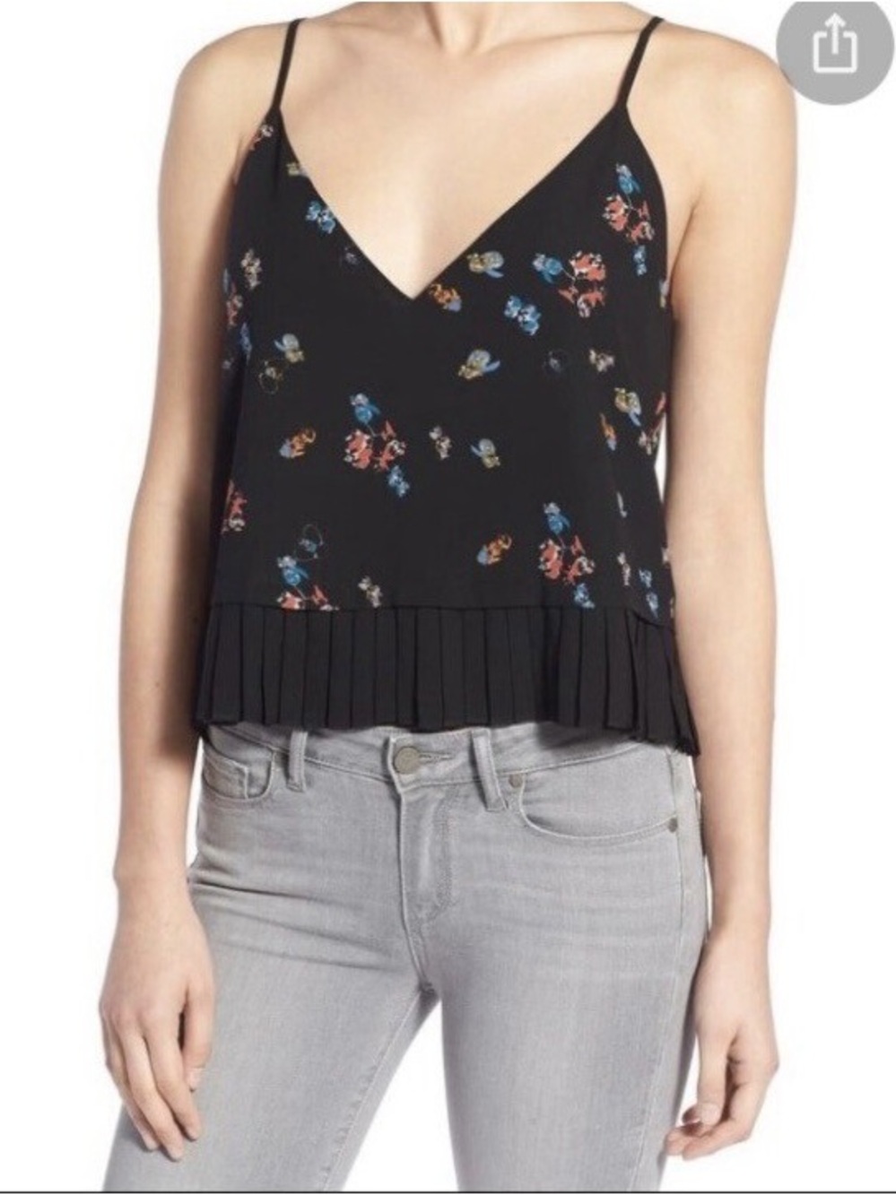 Rebecca Taylor Black Floral-Print Pleated-Hem Cami